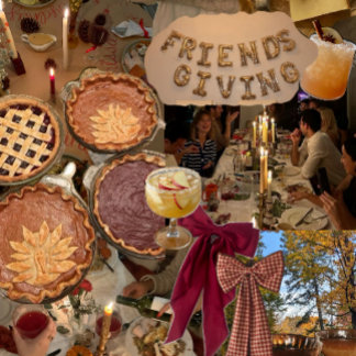 A rustic outdoor gathering with pies, cocktails, string lights, and a banner sign under fall foliage — warm, communal, cozy.