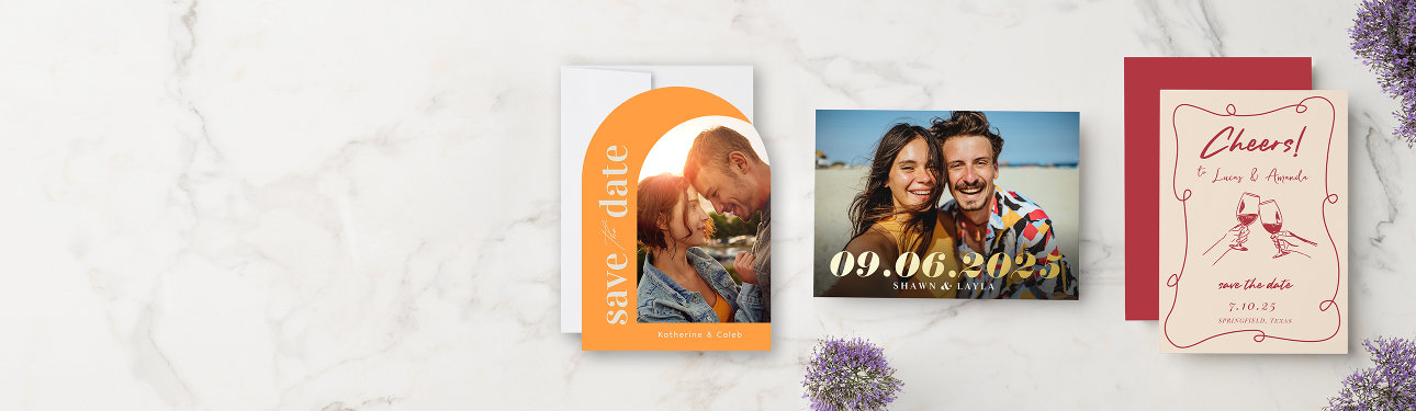 Three Wedding Save the Date Invitations. From left to right: 1) An orange arched invitation with white text featuring a photo of a couple smiling at each other. 2) A horizontal rectangular invitation with a photo of a smiling couple, and overlaid gold foil text. 3) A vertical invitation, it is cream with muted red color illustrations in a retro-doodle illustrative style. The back of this invitation is also shown, and it is a solid muted red that matches. All three invitations are completely customizeable, and can be found on the Zazzle marketplace. 