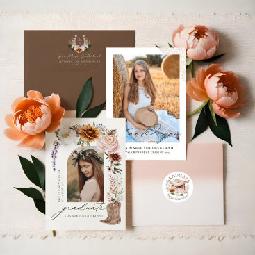 An elegant arrangement of graduation stationery and accessories featuring warm, earth-toned florals. The set includes an arch-cut photo invitation, matching envelopes with round seals, and a square announcement, illustrating how a single design theme can span multiple product types.
