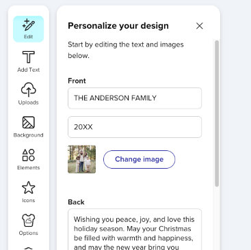 A screenshot of a digital card editor showing an editable green holiday card. UI elements like toolbars and image grids are visible, emphasizing ease of customization. The mood is functional and user-friendly.