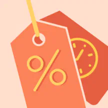 An illustration of a price tag with a graphic of a percentage symbol and a clock that represents the current 'Top Deals' on the Zazzle site 