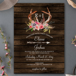 Rustic Blooming Antlers Barn Wood Wedding Invitations 