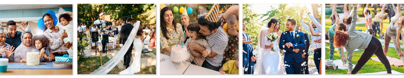 Five horizontally stacked photographs of everyday people celebrating life's events. 