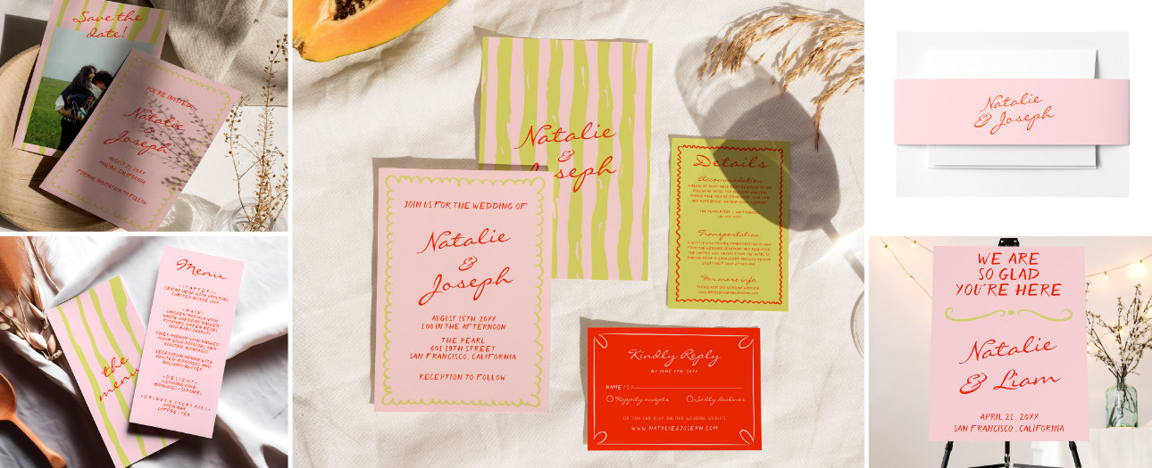 The image showcases a stylish wedding celebration with a warm, modern aesthetic. A personalized invitation, wine bottle, and welcome sign feature elegant typography in a red and cream color scheme. Thoughtful details like engraved napkins, a custom ceremony fan, and a corkscrew add a refined touch. A joyful couple's framed photo completes the setup, set against a soft yellow background.