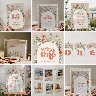 A collage of birthday party paper goods including invitations, banners, signs, and photo displays arranged together. The layout showcases a coordinated party theme with warm colors and cohesive design elements.