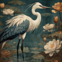 Blue crane & Lotus Flowers