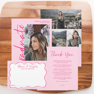 A cohesive suite of graduation products in vibrant "Barbiecore" pink and black. The collection includes a multi-photo "Graduate" card with vertical script, a matching "Thank You" note, and an "Advice & Wishes" insert, showcasing brand consistency through color and typography.