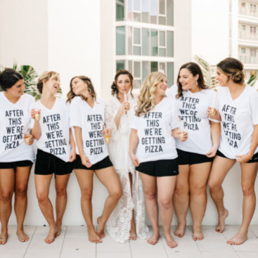 Bridesmaids wearing matching tees.