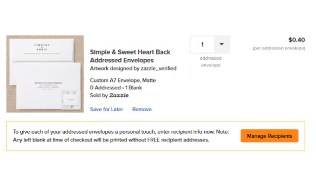 A screenshot of an addressed envelope in the shopping cart.