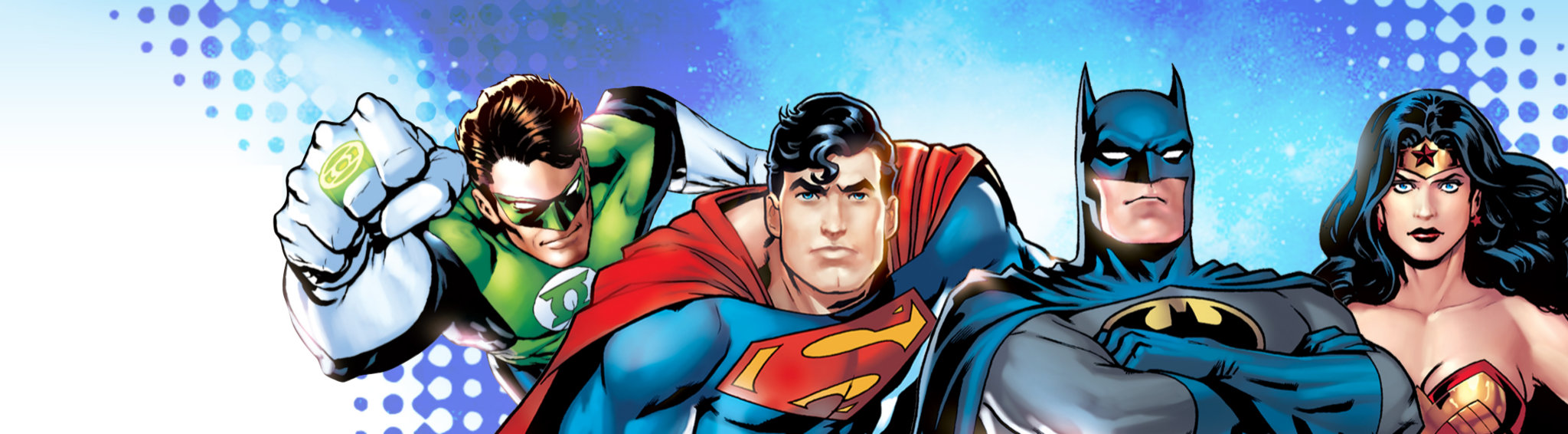 DC Comics banner with Green Lantern, Superman, Batman and Wonderwoman