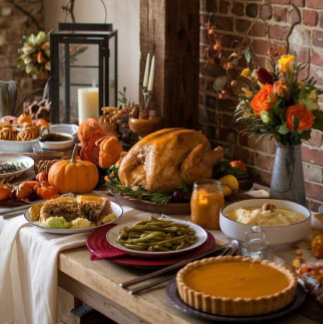 A laden table holds roast turkey, pumpkins, pie, and autumn florals against a brick backdrop. The tone is abundant and cozy.
