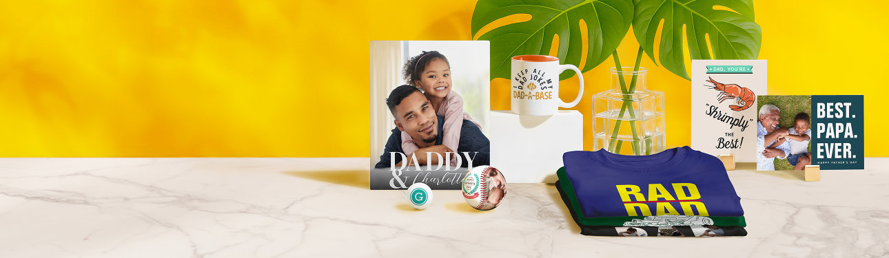 Father's Day gifts and cards to celebrate Dad, including t-shirts, mugs, baseballs and photo plaques