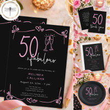 50 & Fabulous Black Pink Hand Drawn Heart Birthday