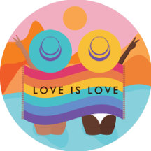 An illustration of two figures in sunhats with a rainbow banner reading "Love is Love".