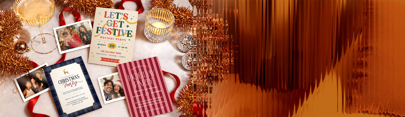 Holiday party invitations in plaid, striped, and colorful typographic designs, arranged with party photos, gold tinsel, ribbon, and disco ball ornaments.