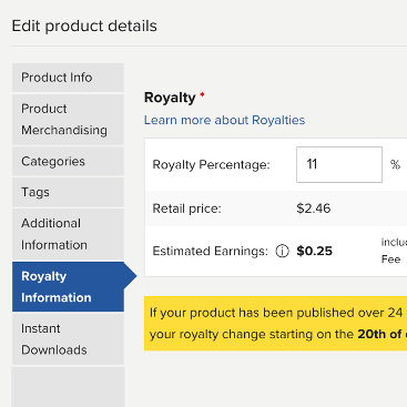 An online product settings interface focused on royalty percentage and pricing input fields. Simple, structured UI layout with a highlighted section.