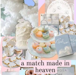 A soft, ethereal scene with cloudlike textures, pale blues, and celestial-inspired props. Gentle lighting enhances the dreamy atmosphere. The palette feels airy and angelic. It conveys whimsical romance with a just-engaged glow.