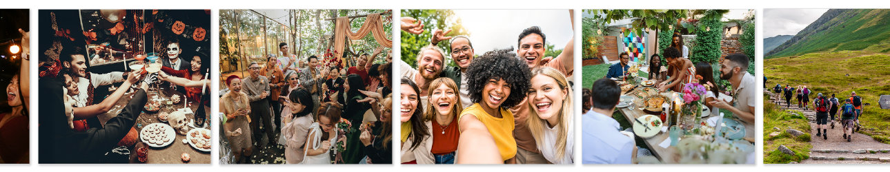 Five horizontally stacked photographs of everyday people celebrating life's events. 