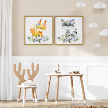 Forest Animals, Purple Flowers Nursery Prints