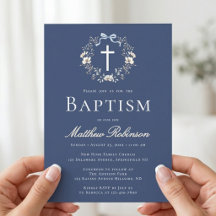 Elegant Navy Blue Floral Cross Baptism