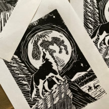 Black & White Howling Husky at Night Linocut