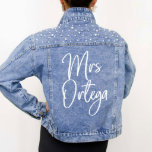 Gorgeous Pearl-Embellished Vinyl Text Denim Jacket<br><div class="desc">Our customized denim jackets are perfect for the bride to wear on her wedding day! Our jean jackets are embellished with high-quality pearls and can be personalized with your last name or any text you desire.</div>