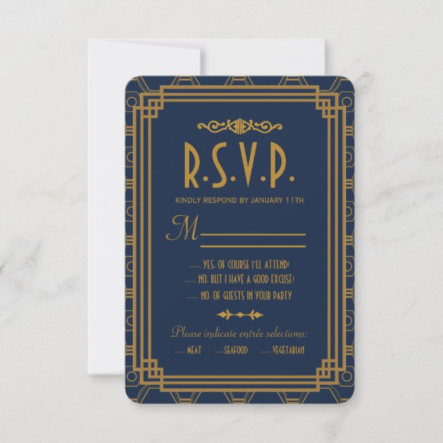Blue Art Deco Wedding RSVP Cards