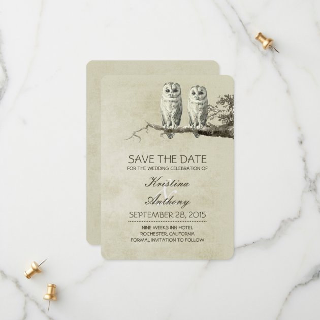 Vintage Rustic Save The Date Cards With OWL Couple