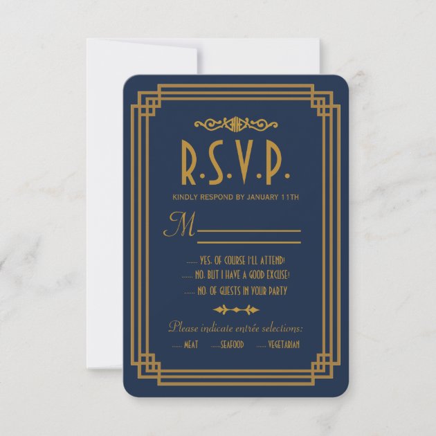Simple Blue Art Deco Wedding RSVP Cards