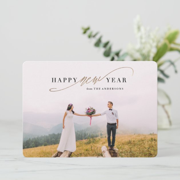 New Year Script Faux Gold Holiday Photo Card