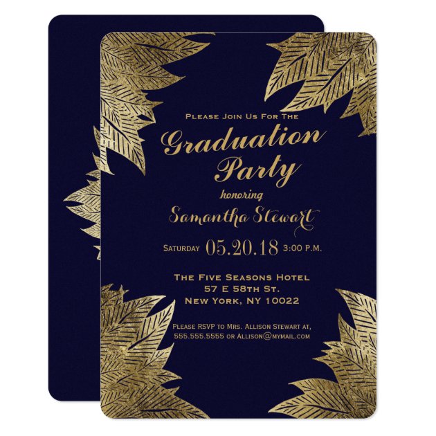 Gold Leaves On Navy Blue Graduation Party Invites
