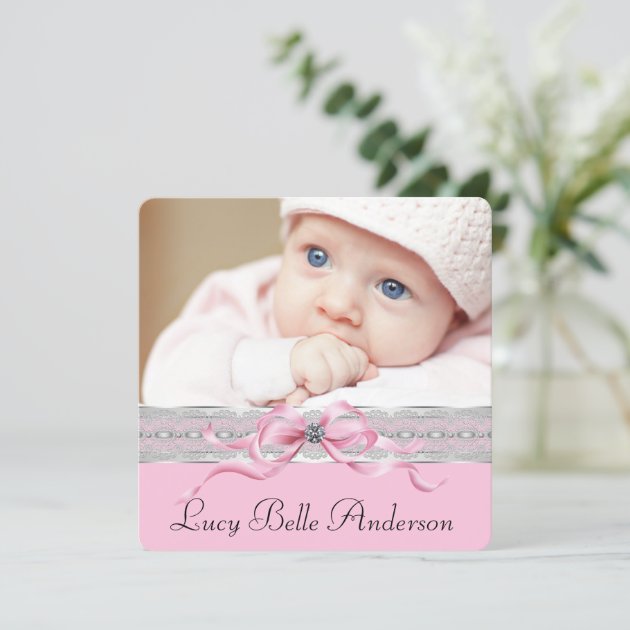 Pearls Pink Baby Girl Birth Announcements