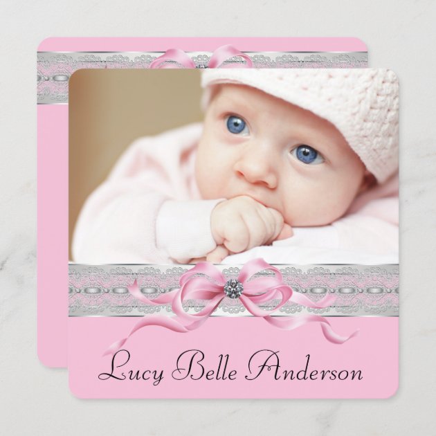 Pearls Pink Baby Girl Birth Announcements