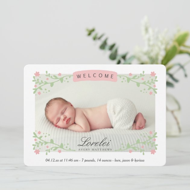 Floral Frame Baby Girl Birth Announcement