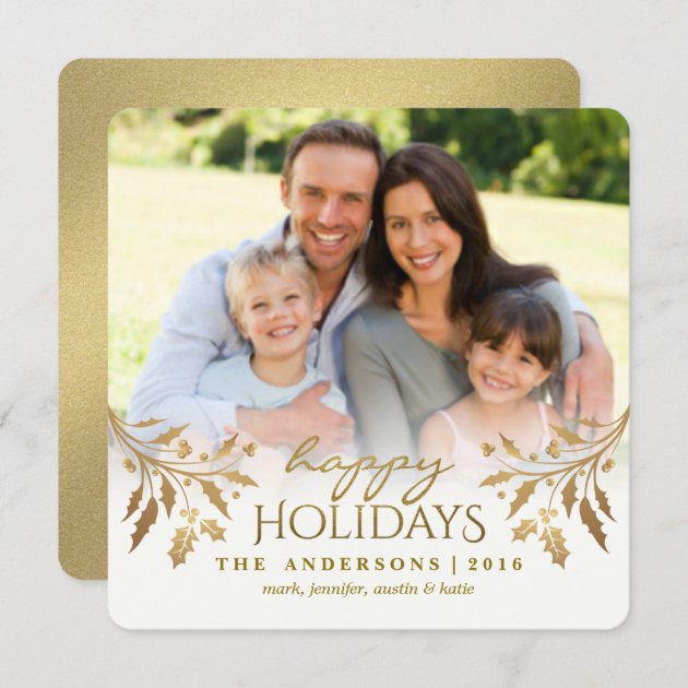 Gold Metallic Holly Berry Holiday Photo Flat Card