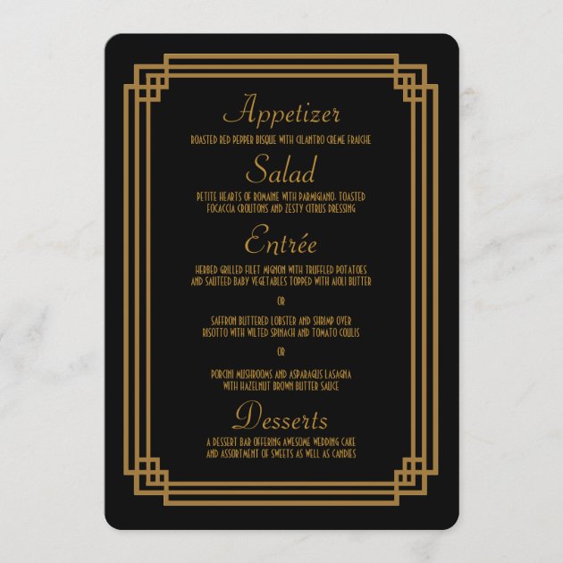 Simple Art Deco Black Wedding Menu Cards