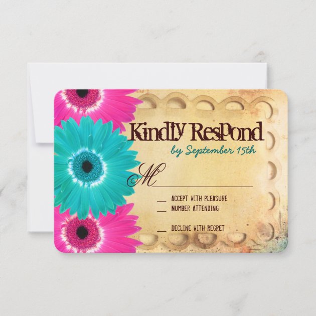 Rustic Hot Pink Teal Daisies Wedding RSVP Cards