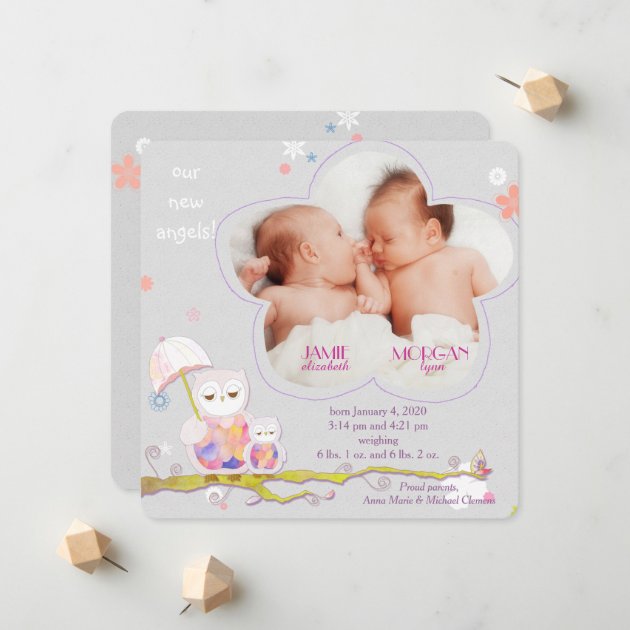 Chic Floral Owls Twins Photo Birth Announcements