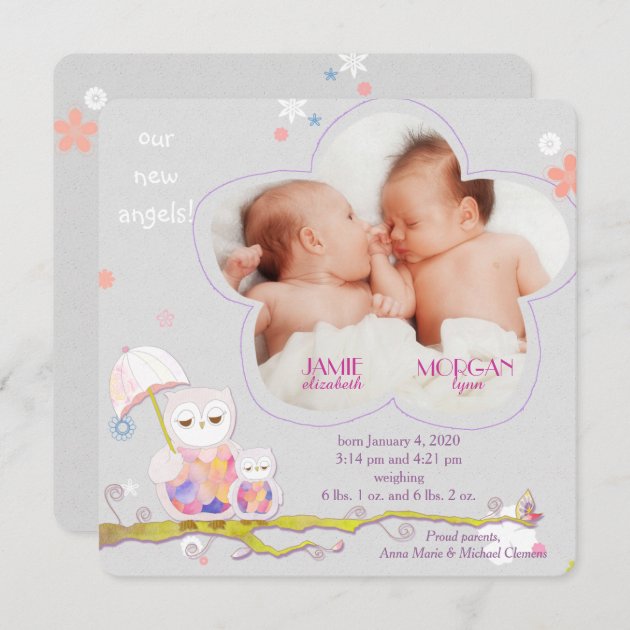 Chic Floral Owls Twins Photo Birth Announcements