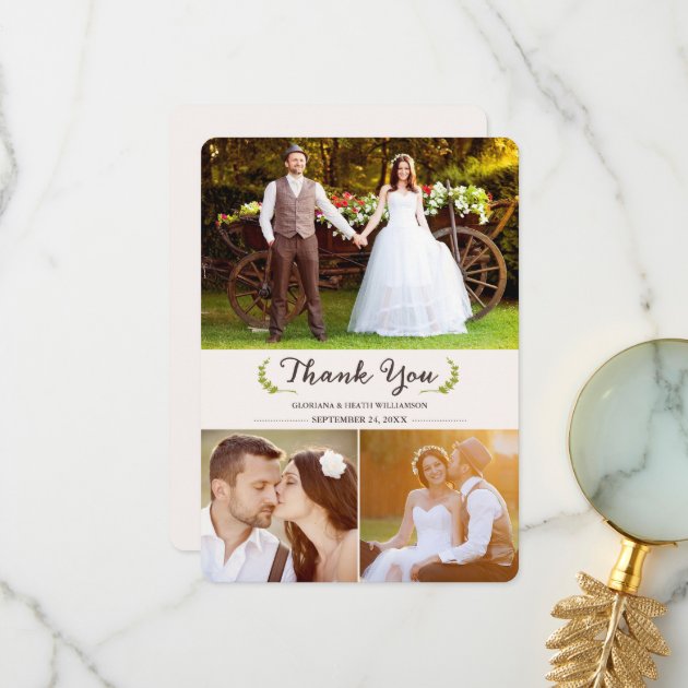 Elegant Laurels Wedding Thank You Photo Flat Card