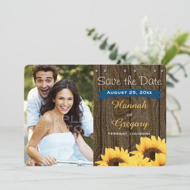 COBALT BLUE RUSTIC SUNFLOWER SAVE THE DATE CARD