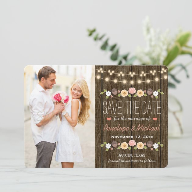 Blush String Of Lights Rustic Save The Date Card