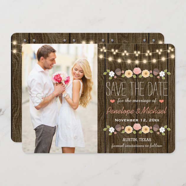 Blush String Of Lights Rustic Save The Date Card