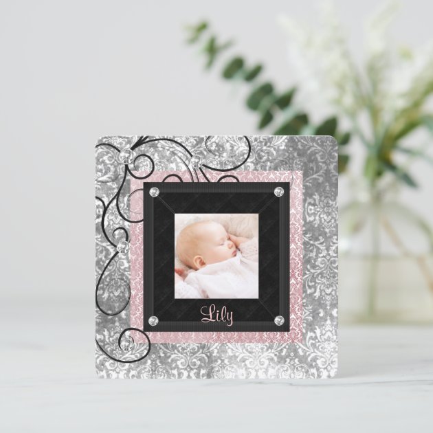 Elegant Pink And Black Baby Girl Photo Birth Announcement
