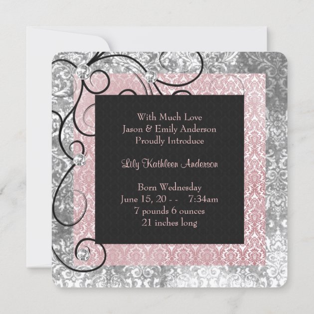 Elegant Pink And Black Baby Girl Photo Birth Announcement