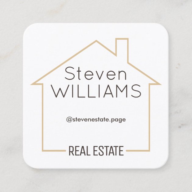House shape tan frame square business card (front side)