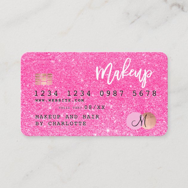 Credit card neon pink glitter makeup hair monogram (front side)