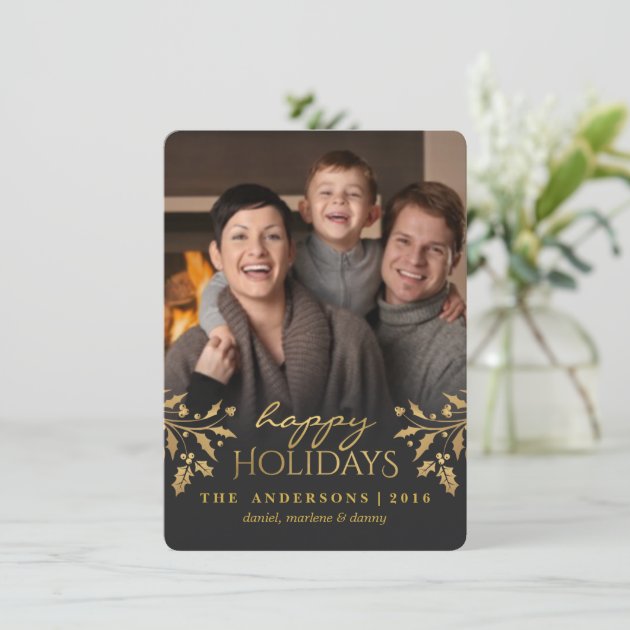Gold Holly Happy Holiday Photo Flat Card