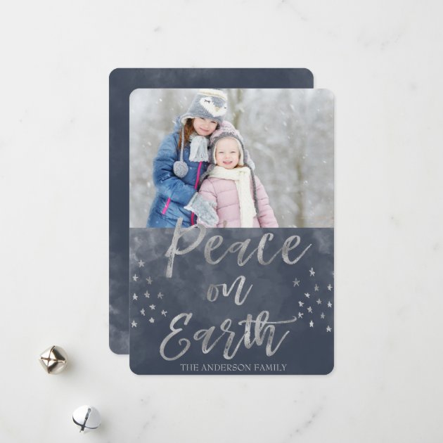 Peace On Earth Blue And Silver Watercolor Photo Holiday Card