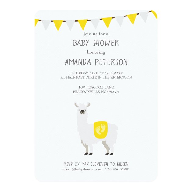 Yellow & White Gender Neutral Llama Baby Shower Invitation